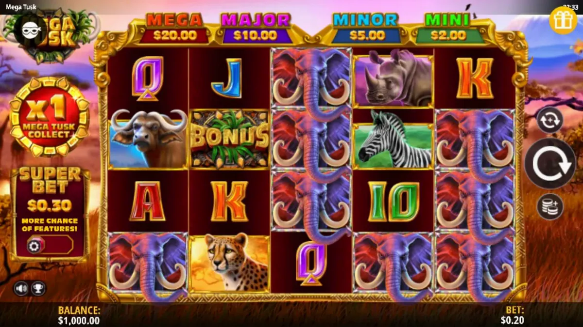 Pemandangan savana Afrika dalam slot Mega Tusk