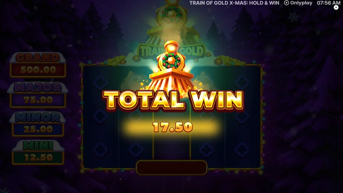 Tampilan visual slot Train of Gold X-Mas: Hold & Win dengan tema kereta emas dan suasana musim dingin yang meriah.