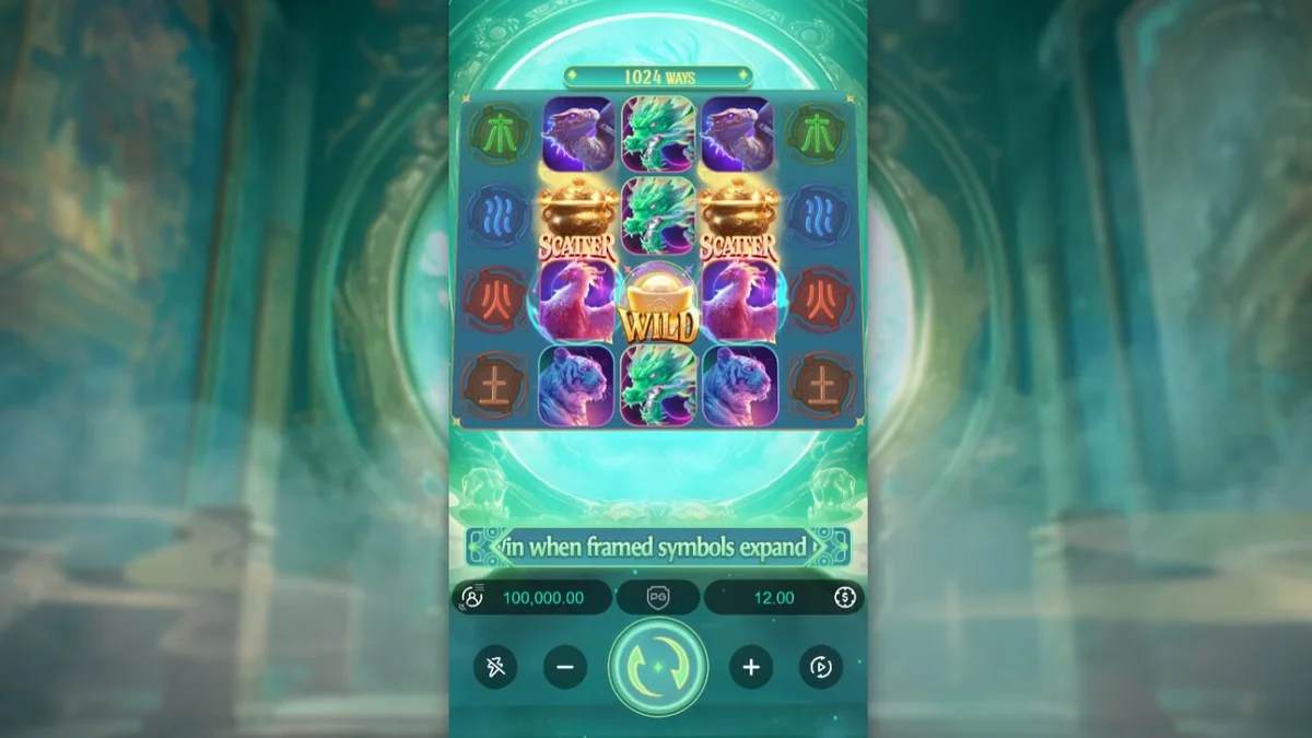 Tampilan visual slot Mythical Guardians dengan tema empat penjaga surgawi